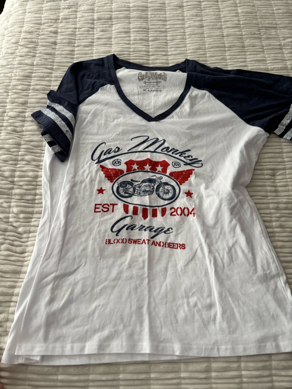 Gas Monkey Garage White and Navy Raglan Tee with Red Graphic